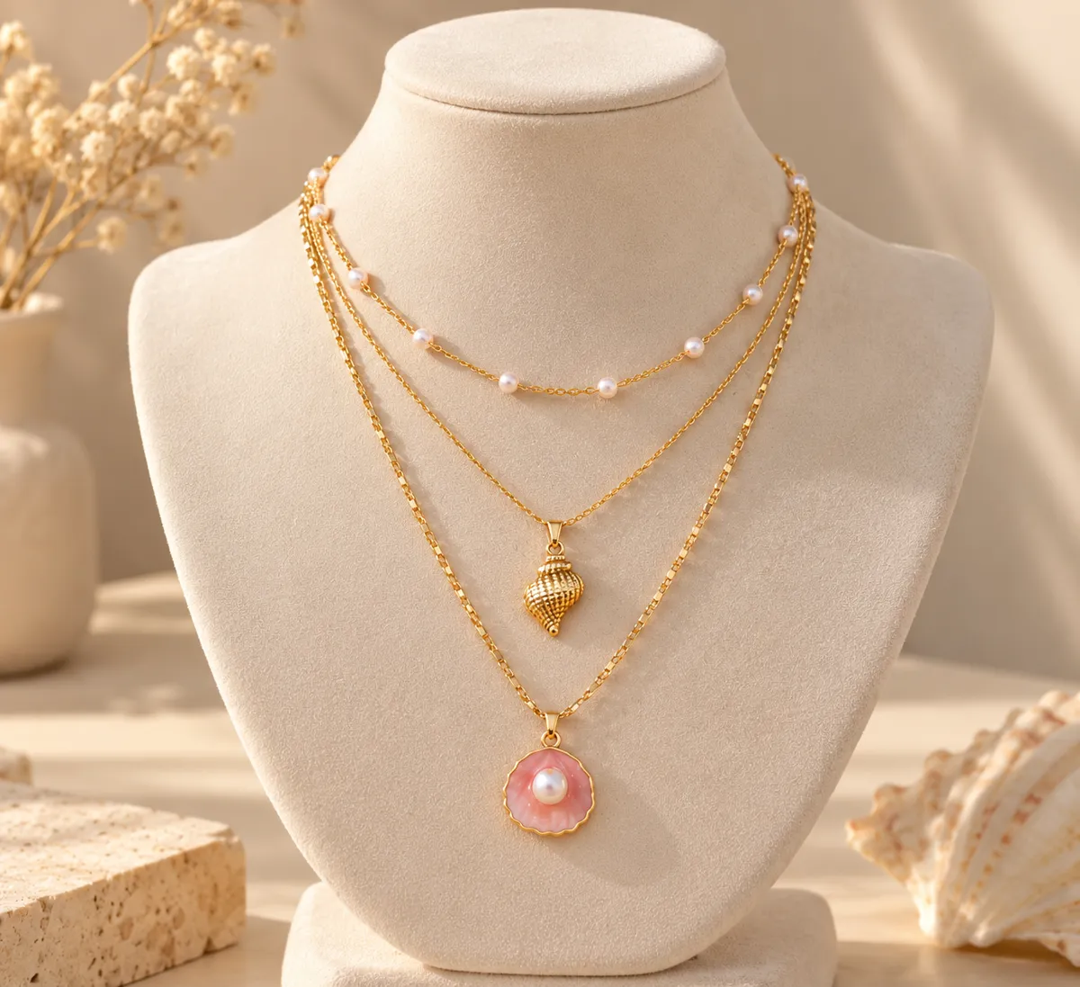 Blush Tide Triple Layer Shell Necklace – Gold Plated